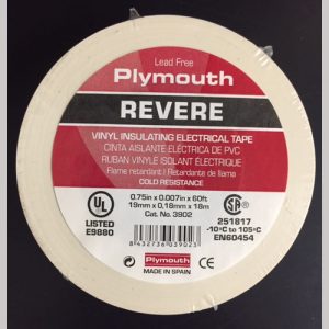 GENERAL PURPOSE VINYL ELECTRICAL TAPE WHITE 3/4 INX 60 FT 7 MIL 600V 221 DEG. F REVERE C/L