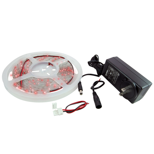 LED Strip Kit Red 16.4ft 300 (3528) LEDs 12V 24W Includes LED Strip, Power Supply And Connectors    