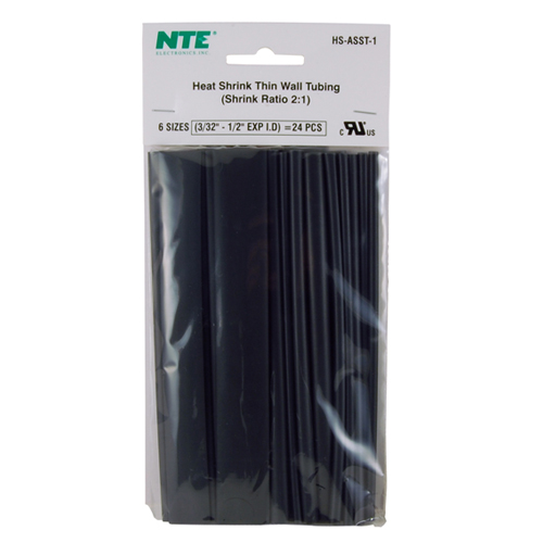 Heat Shrink Assortment Black Thin Wall 6 Inch Length 4pcs Each Assorted Diameters 24 PCs Total      