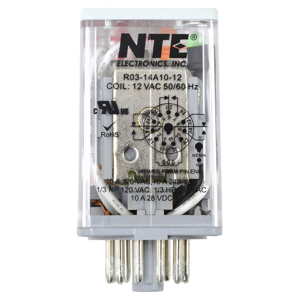 Relay-10Amp 3PDT 12VAC 11-pin Octal Full Featured Push Button Lock Down Door Flag And LED Indicator