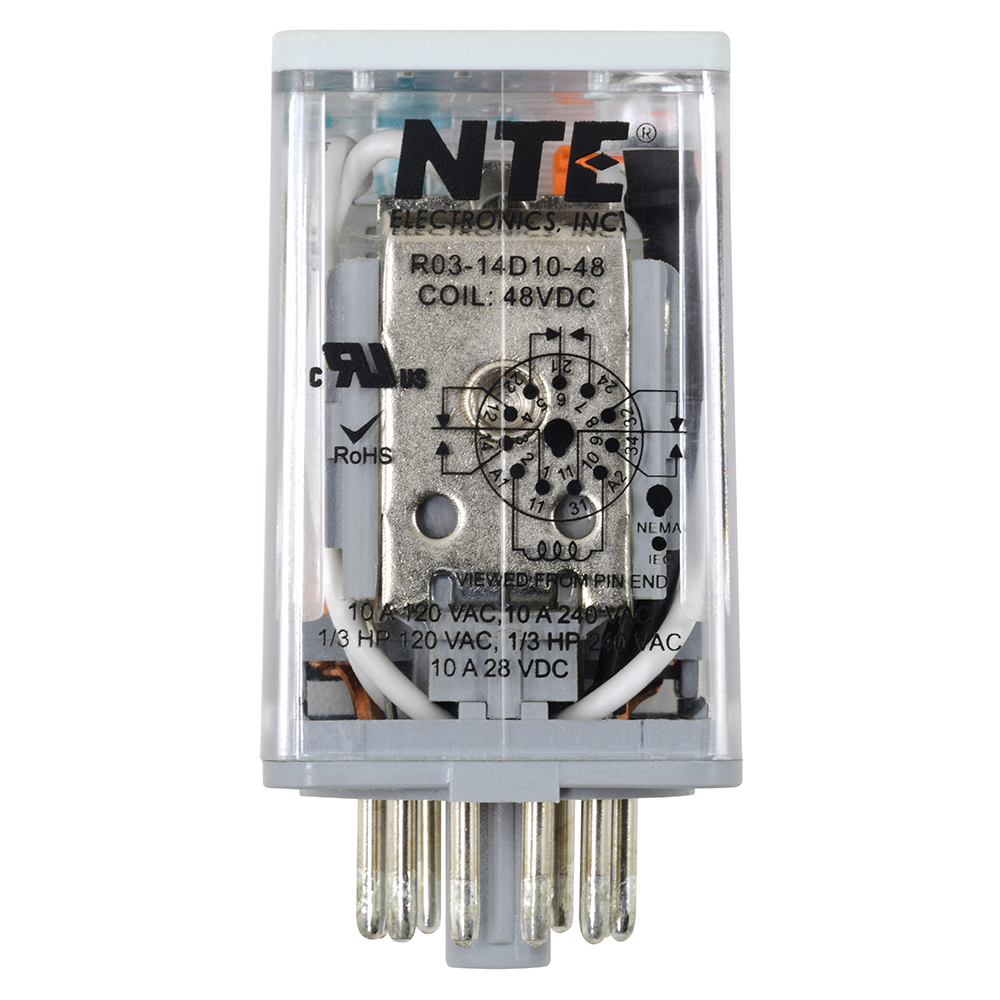 Relay-10Amp-3PDT-48VDC 11-pin Octal Full Featured  Push Button Lock Down Door Flag And LED Indicator