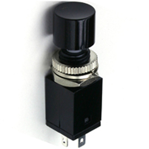 Switch Mini Pushbutton SPST On-On Black Plastic Actuator Solder Lug Terminal .323 Inch Mouting Hole 