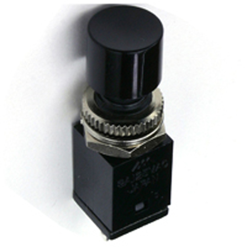 Switch Mini Pushbutton SPST Off-(On) Black Plastic Actuator Solder Lug Term .323 Inch Mounting Hole 