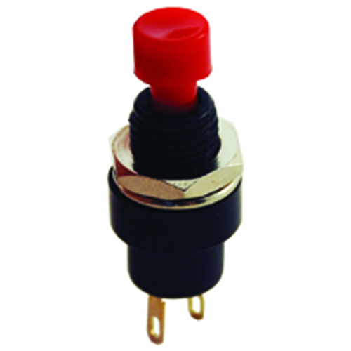 Switch Mini Pushbutton SPST 3a 250vac Off-(on) Black Body/red ACtuator Solder Lug Term .275 In Hole 
