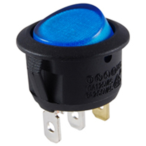 Rocker Switch Illuminated Round Hole SPST 10A 250vac On-none-off Blue 12vdc LED Lamp .187 Qc Tabs