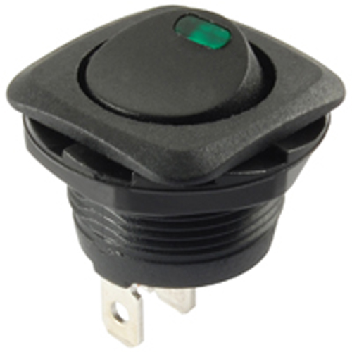 Rocker Switch Illuminated Round Hole SPST On-none-off 16A 125vac Green LED .187 Tab Terminals