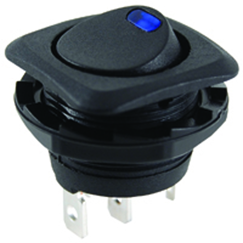 Rocker Switch Illuminated Round Hole SPST On-none-off 16A 125vac Blue LED .187 Tab Terminals
